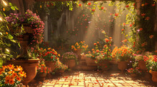 A Picturesque Scene Of A Gardener's Corner, With Terracotta Pots Filled With Blossoming Flowers, Set Against A Backdrop Of Cascading Vines And Dappled Sunlight Filtering Through The Foliage. 8K