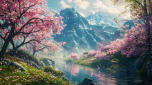 A Picturesque Valley Scene, Where Vibrant Cherry Blossoms And Apple Blossoms Bloom Amidst Lush Greenery, Creating A Scene Straight Out Of A Springtime Fairytale. 8K