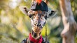 Giraffe in a pirate costume. Mascot, wild animal, zoo, closeup, animal in human costume, funny and unusual picture. The giraffe has a sad face, as if he doesnt like the outfit. Generative by AI