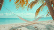 A hammock strung between two palm trees on the beach of an island in the Maldives