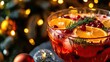 Festive holiday punch bowl filled with fruity flavors and spik, jelly. New Year, seasonal drink. Relaxing in the company of friends during the holiday concept. Spruce cones and twigs. Generative by AI