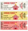 A set of three circus tickets, each with a different color scheme
