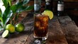 Classic rum and coke cocktail served with wedge of lime, glass, club, bar, wood. Casual evening in stylish place where people enjoy aromatic drinks and company of friends concept. Generative by AI