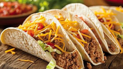 Beef tacos loaded with seasoned ground beef lettuce cheese and bell pepper. Homemade dish, serving, close-up, diet food, easy to prepare. Culinary excellence, sophistication concept. Generative by AI