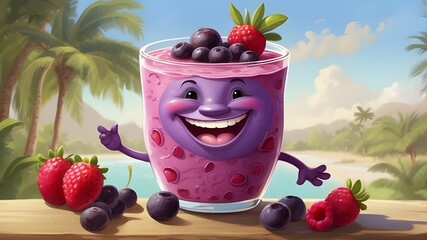 Wall Mural - a charming, joyful, smiling anthropomorphic painting of an acai smoothie.