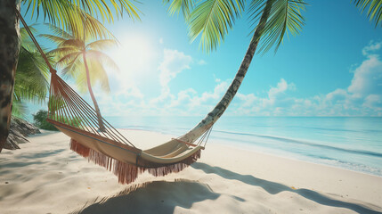 A hammock strung between two palm trees on the beach of an island in the Maldives