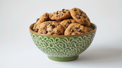 Wall Mural - Chocolate chip cookies in a green bowl against a white backdrop