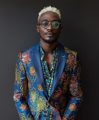 Wall Mural - Young black gay man smiling with short manicured blonde hair, well-dressed with vibrant blue blazer, intricate patterned shirt, stylish hick rimmed eye glasses