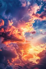 Wall Mural - Sun setting behind a dramatic cloud-filled sky, suitable for various design projects