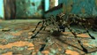 A brown and black striped fishing spider is crawling across a dirty linoleum floor against a brown base board