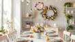 A modern table decoration as an Easter table with a floral Easter wreath hanging on the wall in a bright large room Photographed in high resolution