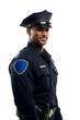 © ana - Handsome latino senior policeman isolated against a white background. Police, cop, law enforcer. Friendly expression. Muscular. Blue uniform outfit. With empty badge to place text.