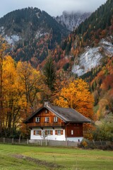 Poster - A picturesque view of a house in a field with a majestic mountain in the background. Suitable for various outdoor and real estate themes