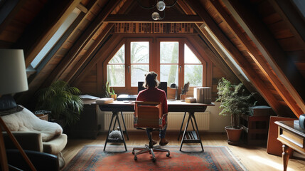 Wall Mural - Person is immersed in work in a tranquil, well-lit attic home office setup