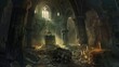 Forgotten crypt containing the remains of long-dead knights. Mysticism, paranormal, creepy place, dust, dampness, skulls, bones, not a soul, ruins, underground structure, fear. Generative by AI