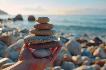 Wall Mural - A person holding a stack of rocks on a beach, ideal for nature or mindfulness concepts