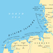 Frisian Islands, political map. Wadden Sea Islands, archipelago at North Sea in Europe, stretching vom Netherlands through Germany to Denmark. The islands shield the mudflat region of the Wadden Sea.