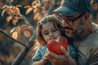 A man and a little girl holding a red heart. Suitable for family and love concepts
