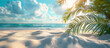 Tropical vacation background. Sea beach with palm leaf shades on sand. Summer holiday travel theme.	
