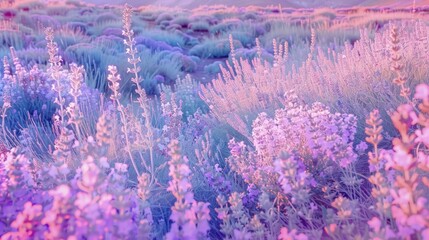 Canvas Print - Beautiful field of purple flowers with majestic mountains in the background. Perfect for nature and landscape themes