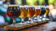 Glasses with craft beer and a variety of hoppy ales on the bar counter. Alcohol, glass, fashionable and modern drink. Enjoy aromatic drinks and company of friends concept. Generative by AI