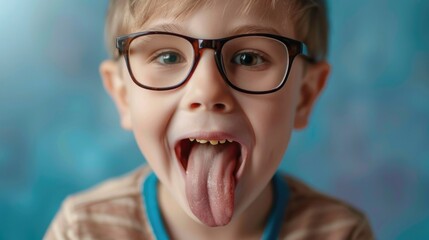 Sticker - A young boy with glasses sticking out his tongue. Perfect for educational or playful concepts