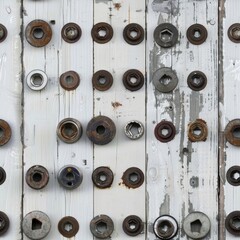 Poster - A collection of rusty bolts and nuts on a wooden surface. Suitable for industrial or construction themes