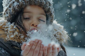 Wall Mural - A little girl blowing snow on her face. Suitable for winter-themed designs