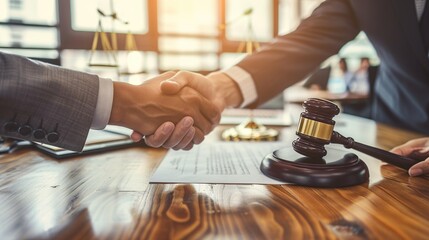 Closeup of a Lawyer and client shaking hands after successful agreement in work place, blur background.