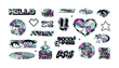© Dedraw Studio - Trendy holographic Y2K sticker illustration set. Retro 2000s text quote label collection. Iridescent metallic texture tag with love heart, anime cartoon and party message. Gen z cyber style bundle.