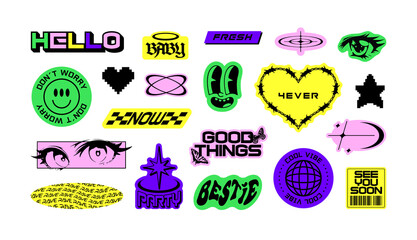 Trendy Y2K sticker illustration set. Retro 2000s text quote label collection. Funny futuristic tag with love heart, anime cartoon and party message. Gen z cyber style bundle.	
