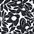 Abstract black and white flower art seamless pattern. Trendy contemporary floral nature shape background illustration. Natural organic plant leaves artwork wallpaper print. Vintage spring texture.	