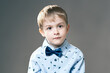 Portrait of little boy with brown eyes in light blue shirt and bowtie, looking serious directly into the camera, gray background