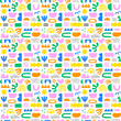 Abstract organic shape seamless pattern with colorful geometric doodles. Flat cartoon background, simple random shapes in bright childish colors.	
