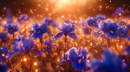 Poster -   A field brimming with blue blooms, bright light glowing in their midst from behind