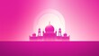 Solid magenta background with a central illustration of a mosque