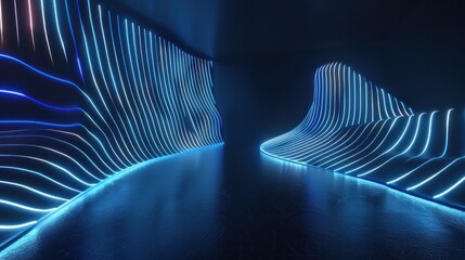 Wall Mural - 3d render, abstract minimal neon background with glowing wavy line. Dark wall illuminated with led lamps. Blue futuristic wallpaper --ar 16:9 Job ID: 2871d888-70b0-4ec5-bc28-68fd87886bc7