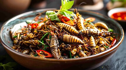 Wall Mural - Fried insects wood worm insect crispy with pandan after fried and add a light coating of sauce