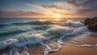 Waves crash onto sandy shore, their white foam contrasting with golden hue of sand, as sun sets in background painting sky with warm tones of orange, yellow. Ocean mix of turquoise, deep blue.