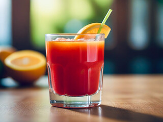 Wall Mural - Bright fruit juice in a glass on a blurred home background