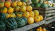 A variety of fresh melons and fruits on display. Perfect for food and nutrition concepts