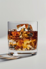 Sticker - A glass of whiskey with ice on a table. Ideal for bar and restaurant concepts