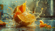 A splash of orange juice from a cut orange