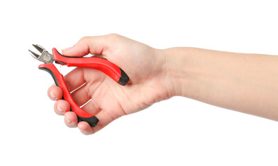 Poster - Woman holding side cutting pliers isolated on white, closeup