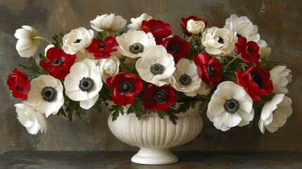 Poster -   A white vase, brimming with an abundance of red and white blooms, sits atop a weathered wooden table Nearby, a wall provides a subtle backdrop