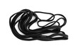 Stylish black shoe laces isolated on white, top view
