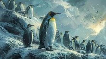 A Group Of Penguins Are Standing On A Snowy Mountain