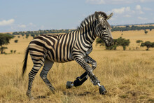 A Zebra With A Prosthetic Leg Is Running Through A Field