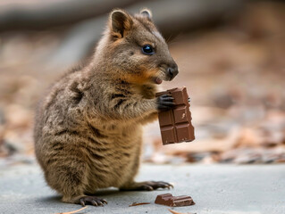 Wall Mural - A small brown animal is holding a chocolate bar in its mouth