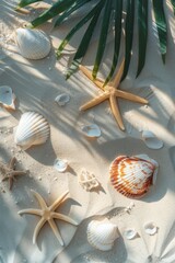 Wall Mural - Shells and starfish scattered on a sandy beach, perfect for summer designs